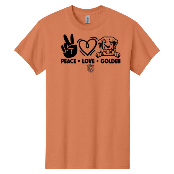 HEAVY COTTON  100% COTTON T SHIRT WITH DTF IMPRINTED PEACE, LOVE, GOLDEN GRROW LOGO Thumbnail