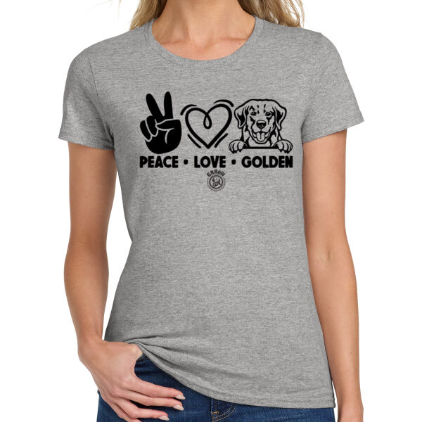 GILDAN® LADIES HEAVY COTTON™ 100% COTTON T-SHIRT DTF IMPRINTED PEACE, LOVE, GOLDEN WITH GRROW LOGO Thumbnail