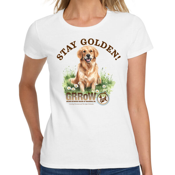 GILDAN® LADIES HEAVY COTTON™ 100% COTTON T-SHIRT DTF IMPRINTED STAY GOLDEN WITH GRROW LOGO Thumbnail