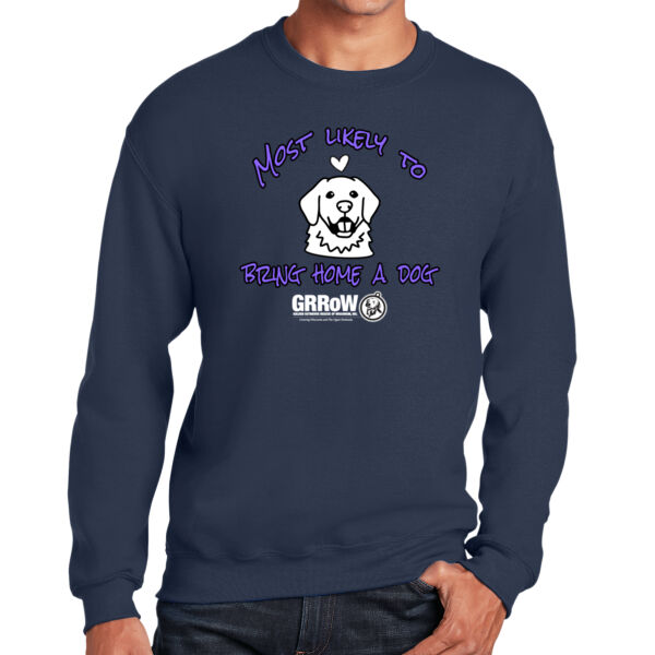 HEAVY BLEND CREWNECK SWEATSHIRT WITH "MOST LIKELY TO BRING HOME A DOG" DESIGN IN WHITE Thumbnail